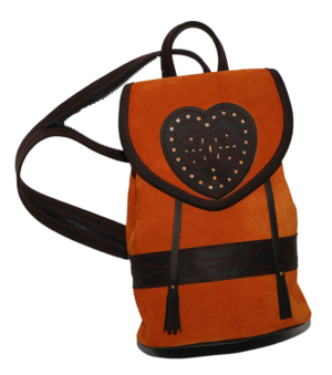 BOLSO PARA SEÑORA EN CUERO AFELPADO MANDARINA CON REMATES EN CUERO ENGRASADO OSCURO